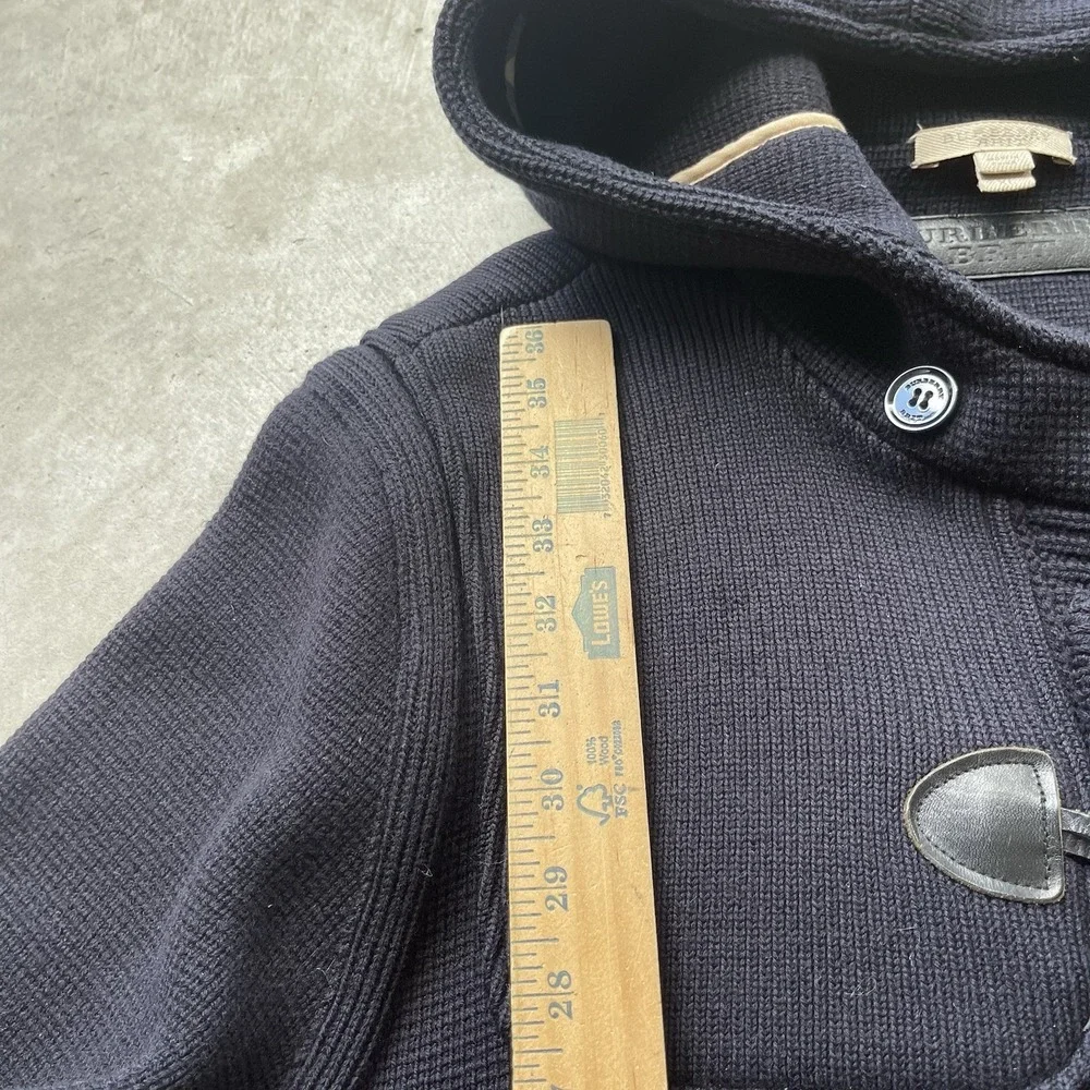 Burberry Brit Merino Wool Knit Duffle Coat Navy Hooded Toggle Nova Check XL - Picture 5 of 10